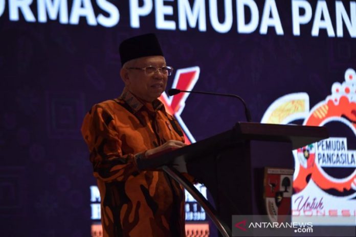 Wakil Presiden Ma'ruf Amin memberikan sambutan dalam acara Penutupan Musyawarah Besar X Ormas Pemuda Pancasila di Hotel Sultan Jakarta, Senin (28/10/2019). (Asdep Komunikasi dan Informasi Publik Setwapres)