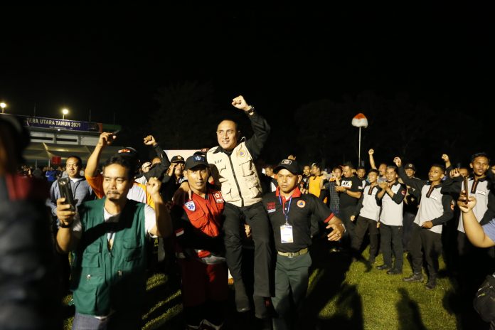 Gubsu Edy Rahmayadi diarak peserta Jambore Daerah Kesiapsiagaan Bencana Daerah Provinsi Sumut 2019. (f:ist/mistar)