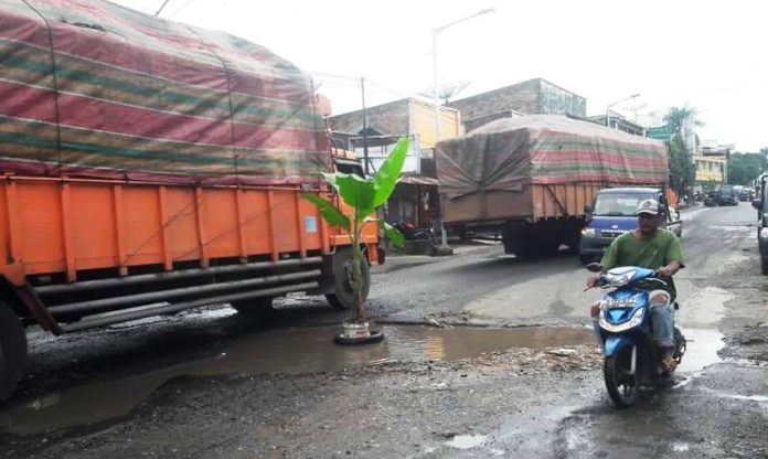 Jalan Pdt.Justin Sihombing yang rusak dan berlubang di Kota Pematangsiantar ditanami warga dengan pohon pisang.(f:mistar/fb)