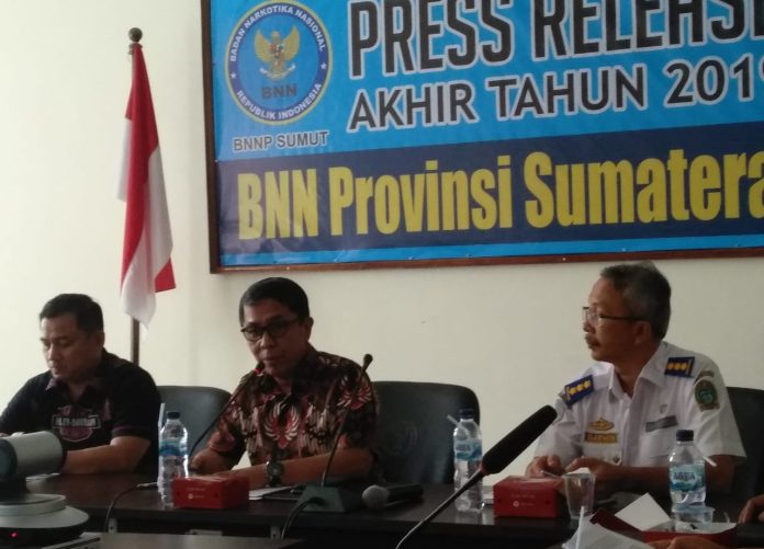 Press release akhir tahun 2019 di Kantor BNNP Sumut, Jumat (20/12/19). (f: hendra/mistar)
