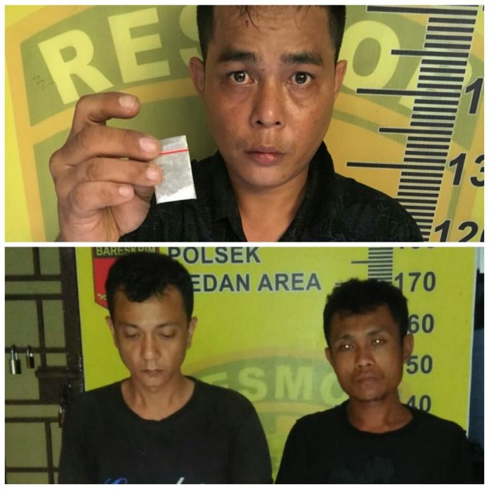 Dedy Aryanto, Habibi Arif Nasution (Tersangka daun ganja) dan Andi Nasution (Tersangka sabu) diamankan di Polsek Medan Area.(f:ist/mistar)