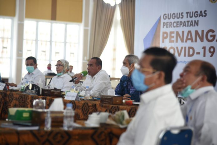 Gubernur Sumut Edy Rahmayadi saat mengikuti rapat koordinasi (Rakor) dan diskusi interaktif Ketua KPK RI Firli Bahuri