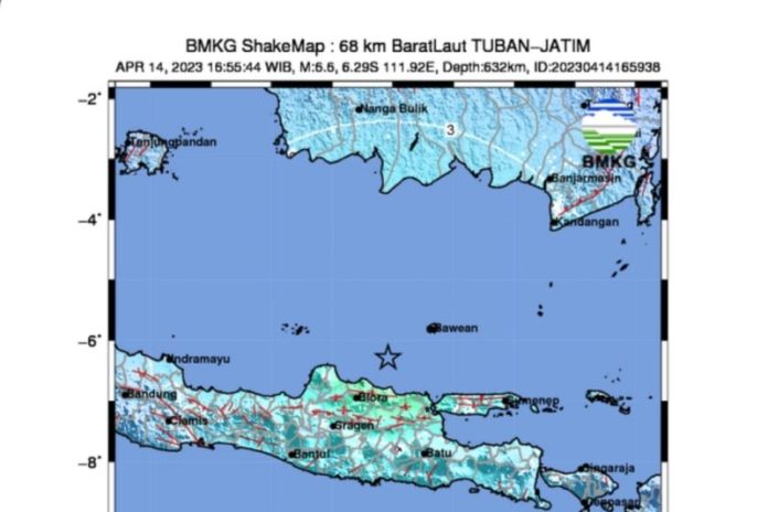 Tangkapan layar - Peta gempa bumi dengan magnitudo 6,6 yang terpusat sekitar 68 kilometer barat laut, Tuban, Jawa Timur, terasa hingga di Denpasar, Bali, Jumat (14/4/2023) ANTARA/BMKG/Dewa Ketut Sudiarta Wiguna
