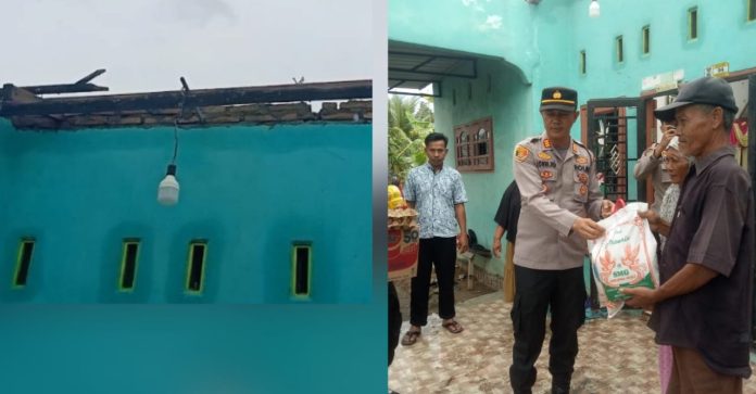 Rumah Syamsuddin yang timggal dinding karena atap sengnya diterbangkan angin (kiri), Kapolsek Indrapura beri bantuan sembako kepada korban rumah yang rusak, Minggu (9/4/23). (f:ist/mistar)