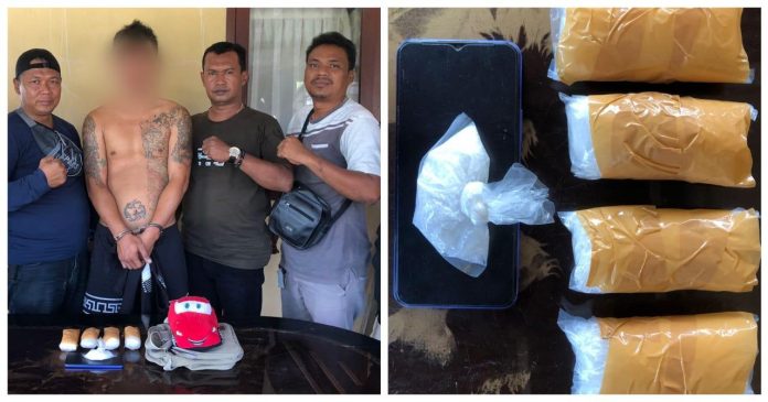 kolase Pelaku kepemilikan sabu 410 gram serta barang bukti diamankan Polres Simalungun.