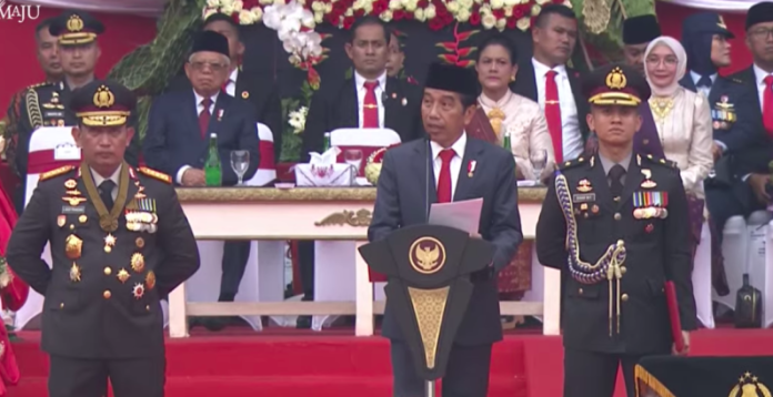 Presiden Jko Widodo saat berpidato di hari Bhayangkara ke-77 (f:ist/mistar)