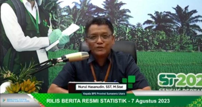 Kepala Badan Pusat Statistik (BPS) Sumut, Nurul Hasanudin dalam paparan rilis pertumbuhan ekonomi di Sumut.