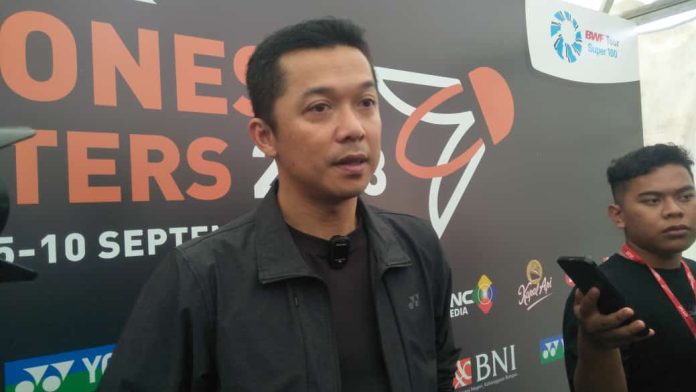 Legenda bulutangkis, Taufik Hidayat saat hadir di babak final BNI Indonesia Masters 2023.