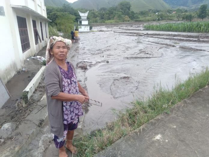 Seorang ibu menunjukkan hamparan sawah di Desa Sampur Toba tertutup lumpur. (f;pangihutan sinaga/mistar)