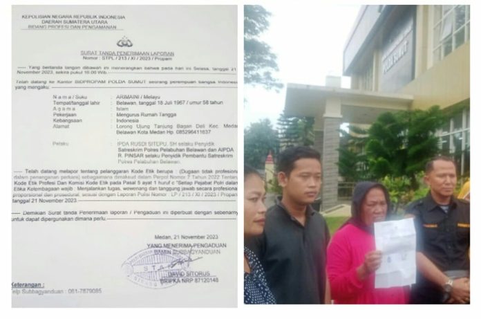 Arimaini melaporkan dua penyidik Polres Pelabuhan Belawan Dilaporkan ke Propam Poldasu (f:ist/mistar)