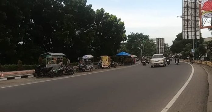 Suasana Taman Bunga di Jalan Jendral Sudirman, Kota Tebingtinggi, tepatnya di depan PLN Cabang Tebingtinggi lebih ramai setelah pedagang ada (f:ist/mistar)