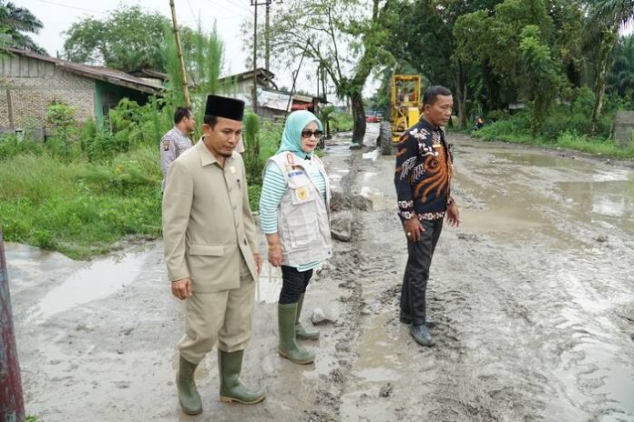 Wabup Labuhanbatu didampingi wakil ketua DPRD Kabupaten Labuhanbatu meninjau jalan rusak di kecamatan Pangkatan (f:ist/mistar)