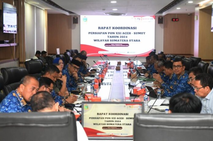 Pj Gubernur Sumatera Utara Hasanudin memimpin Rapat Koordinasi Persiapan Pekan PON XXI 2024. (f:ist/mistar)