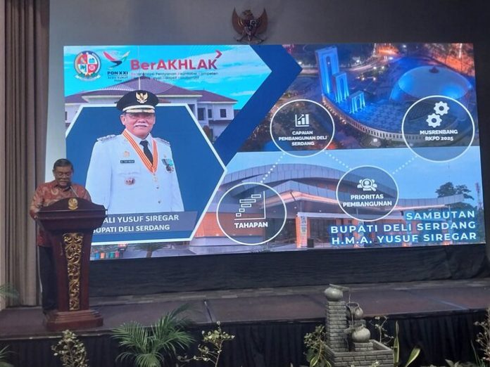 Bupati Deli Serdang, HM Ali Yusuf Siregar membuka Musrenbang RKPD Kabupaten tahun 2025, di Wing Hotel, Kecamatan Batang Kuis, (rinaldi/mistar)