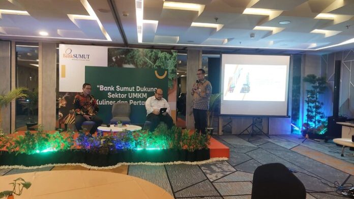 Narasumber dalam diskusi tentang dukungan pertumbuhan UMKM di sektor kuliner dan pertanian di Sumut. (f:anita/mistar)