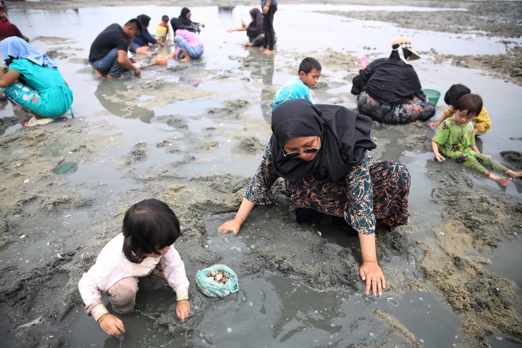 Sejumlah warga mencari Kepah di Pantai Belacan, Tanjung Tiram, Batubara, Sumut