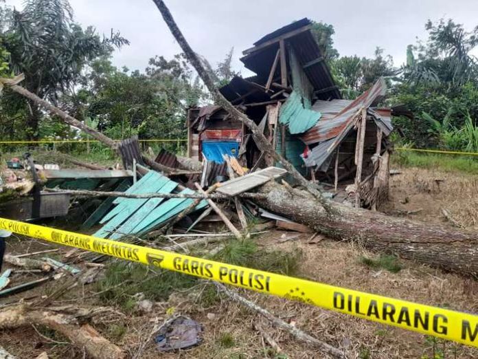 Rumah rusak ditimpa pohon setelah diterjang angin kencang di Situmba, Sipirok. (f:amran/mistar)