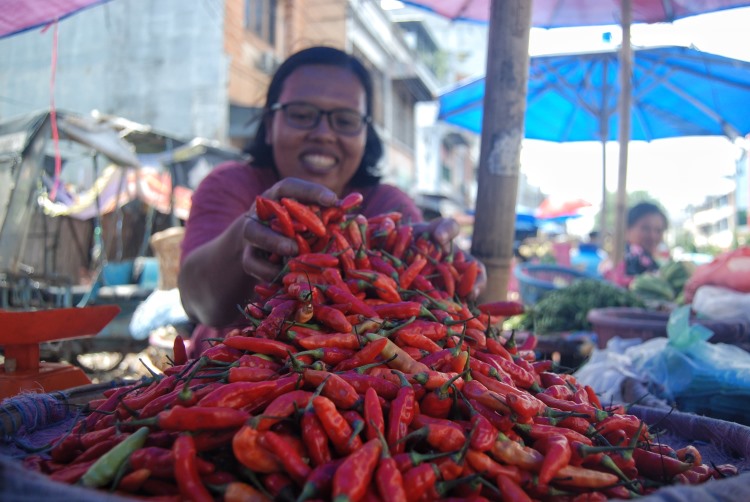 Seorang pedagang sedang memilih cabai rawit merah yang akan dijual di Pasar Sukaramai Medan