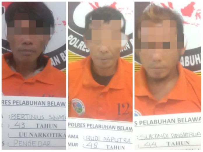 Ketiga tersangka yang berhasil diamankan dalam operasi GKN yang dilakukan Sat Narkoba Polres, Pelabuhan Belawan.