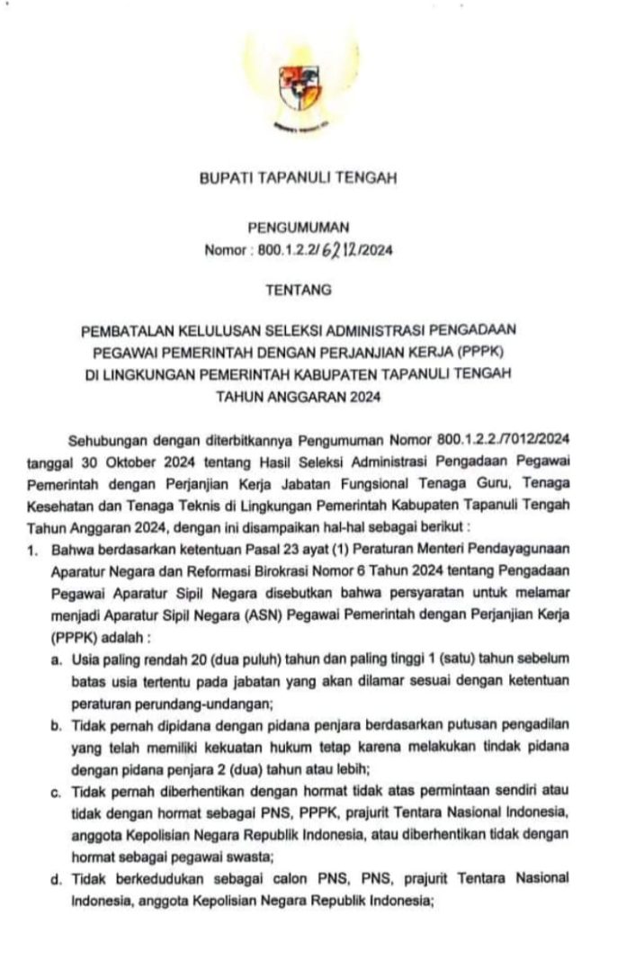 Surat pengumuman yang ditandatangani Pj Bupati Tapteng Sugeng Riyanta Nomor: 800.1.2.2/6212/2024.