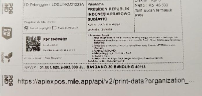 Bukti pengiriman surat warga ke Presiden Republik Indonesia, Prabowo Subianto melalui Kantor Pos Pangururan.