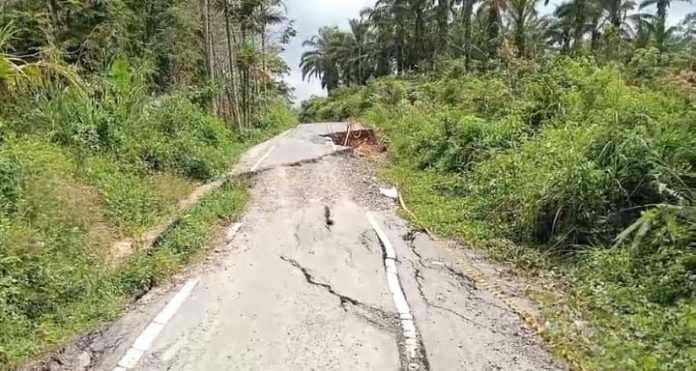 Kondisi jalan yang rusak parah sehingga sulit dilintasi kendaraan.